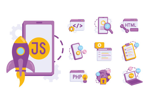 Purple And Yellow Programming Designs Coding Web Development Languages Illustrations Set