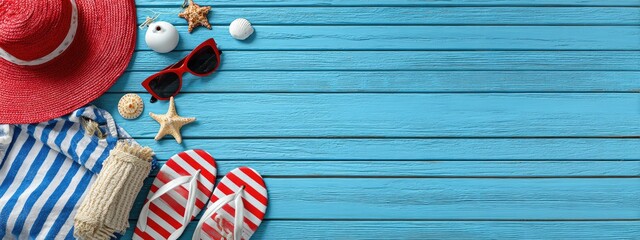 Summer vacation essentials on a light blue wooden surface (1)