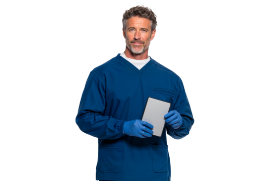 Senior male surgeon holding a digital tablet in his hands