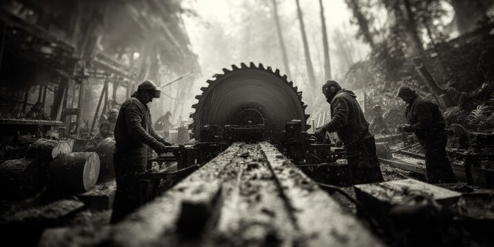 Workers operating steam-powered sawmill in misty forest
