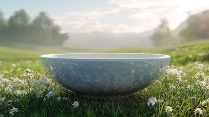 Empty light gray bowl sits in a grassy field.  Gentle morning light bathes the scene.  Mountains and trees in the background