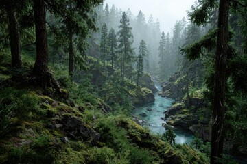 Misty mountain river valley