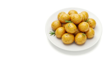 Plate of golden roasted potatoes with rosemary, isolated in the middle of a white background with wide empty space, photorealistic and delicious.