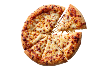 Top view of a freshly baked, cheesy pizza with seven slices, one pulled away with stringy melted cheese