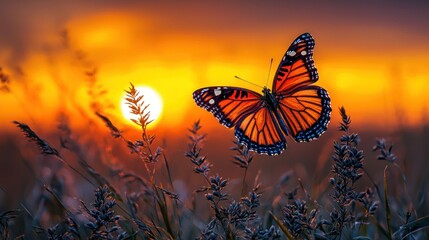 Butterfly at sunset, vibrant colors,  field
