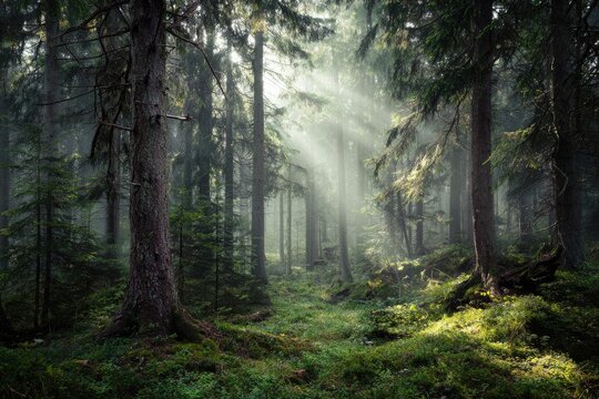 Sunbeams piercing a misty forest (1)