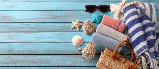 Summer vacation essentials on a light blue wooden surface