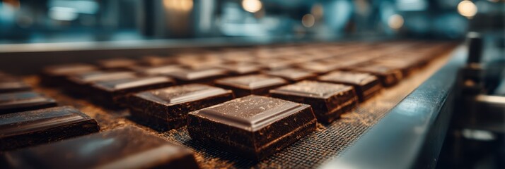 Chocolate making process in a factory showcasing freshly molded bars on the conveyor belt during daytime operations