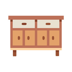 Stylized flat vector illustration of a wooden cabinet with drawers and doors