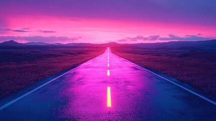Empty road stretches into vibrant sunset.  Pink, purple, and neon hues dominate