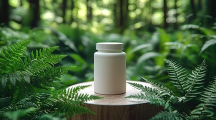 Empty white plastic bottle on a wooden stump amidst lush ferns in a forest setting
