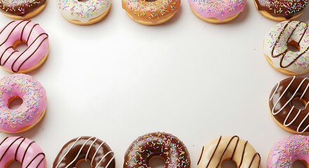 Assorted donuts with icing and sprinkles, arranged in the middle of a white background with wide margins, photorealistic and tempting.