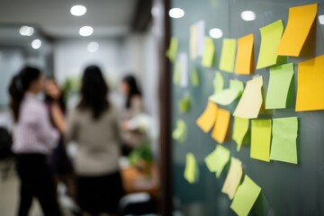 Blurred individuals converse near a wall covered in colorful sticky notes, suggesting a collaborative, brainstorming environment