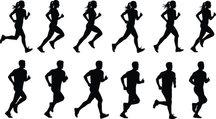 Running man and woman silhouette vector, jogging fitness icons, male and female runner figures, active sport illustration, exercise and health vector graphics