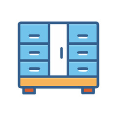 Modern cartoon illustration of cabinet with drawers and door on black background