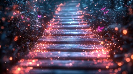 Enchanting pathway lit by glowing sparks, with vibrant butterflies flitting amidst dark foliage