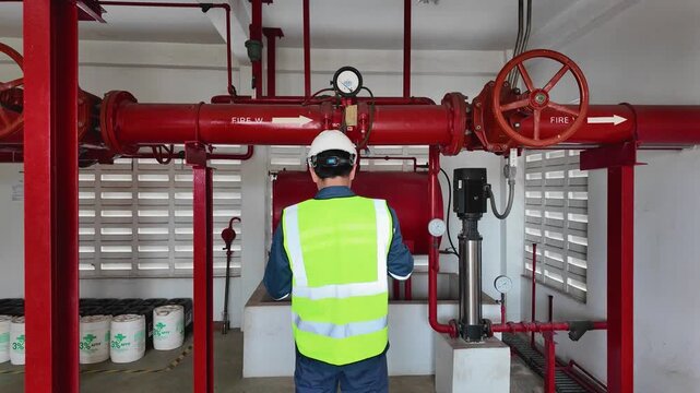 Fire protection inspection by engineer in safety vest and helmet checking red pipe valve and pressure gauge in industrial building with equipment and safety measures