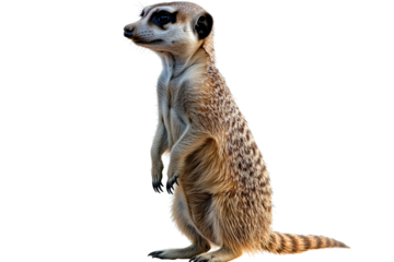 A curious meerkat standing alert, showcasing its distinct features and playful demeanor.