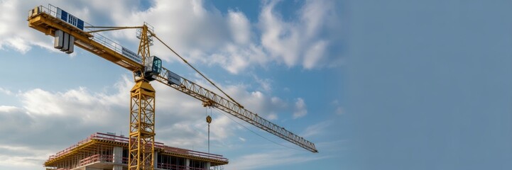Construction crane on building, a large yellow crane stands over an unfinished building against a blue sky, illustrating urban development, real estate, and space for text overlay.