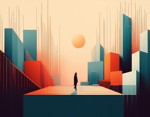 minimalist abstract cityscape with lone silhouette among geometric blocks