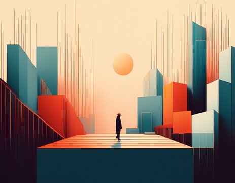 minimalist abstract cityscape with lone silhouette among geometric blocks - Powered by Adobe