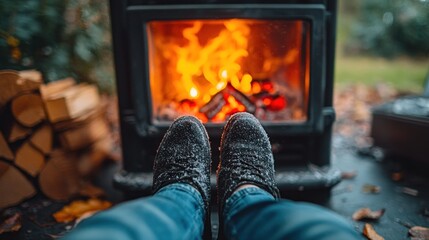 Feet warm by a crackling fire