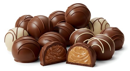 Obraz premium Assorted chocolate truffles, some cut to show smooth filling, arranged in the center with wide white margins, glossy and luxurious, realistic photography.
