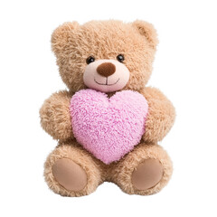 Obraz premium Soft teddy bear holding pink heart, symbolizing love and affection. This adorable plush toy is perfect for gifts, decorations, or comforting children