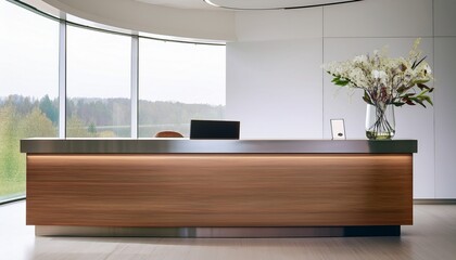 bright modern interior with glossy wood reception desk and glass vase
