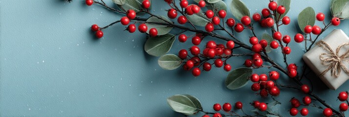 Beautiful arrangement of red berries and green leaves with a wrapped gift on a blue background during the festive season