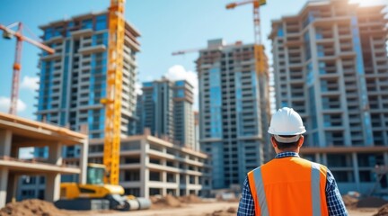 Fototapeta premium Worker overlooks high-rise buildings, a professional in a hard hat looks at a large urban construction site, symbolizing large-scale urban development and modern city growth.
