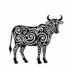 Fototapeta premium Cow silhouette with decorative patterns in black and white 