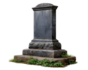 Old tombstone graveyard monument stone memorial weathered headstone cemetery marker mossy base isolated on white somber mood historic burial site vintage gravestone