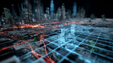 A futuristic holographic interface displaying a 3D blueprint for M&A analysis, highlighting strengths and weaknesses.