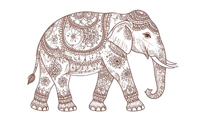 Naklejka premium Ornate Elephant with Intricate Floral Patterns in Line Art Style
