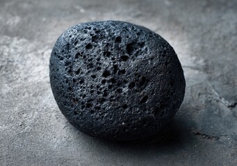 Dark, rounded stone on a textured surface
