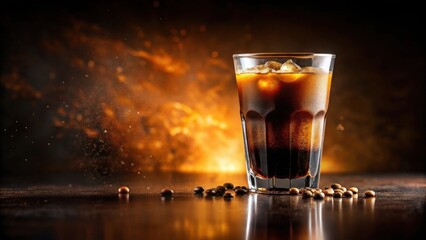 Refreshingly Iced Coffee in a Glass with Coffee Beans on a Dark Surface