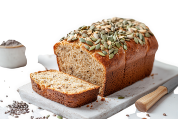Freshly baked multigrain bread loaf with pumpkin seeds, sliced and isolated on transparent background