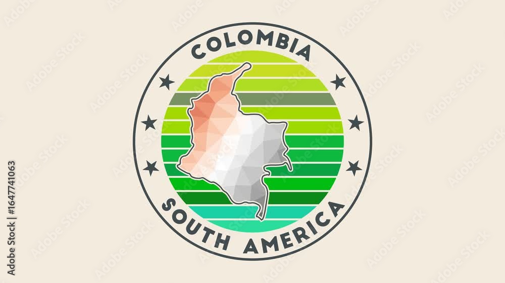 Poster colombia intro video. badge with the circular name and map of the country in low poly tech geometric