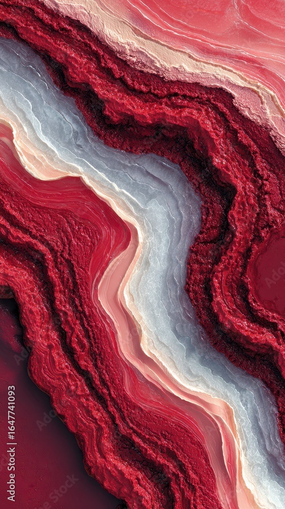 Poster abstract depiction of layered red and white textures showcasing geological patterns and colors