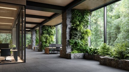 Biophilic Office Interior with Vertical Gardens and Nature Views
