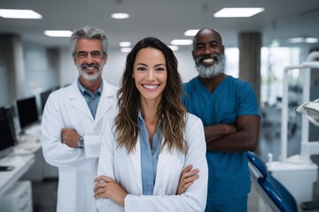 Confident diverse medical team smiling in a bright modern clinic, representing healthcare expertise, teamwork, and patient care excellence.
