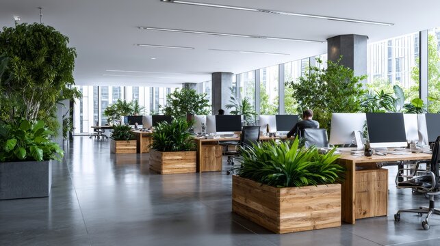 A spacious, open-plan office with large windows, modern wooden desks, and numerous green plants in planters.