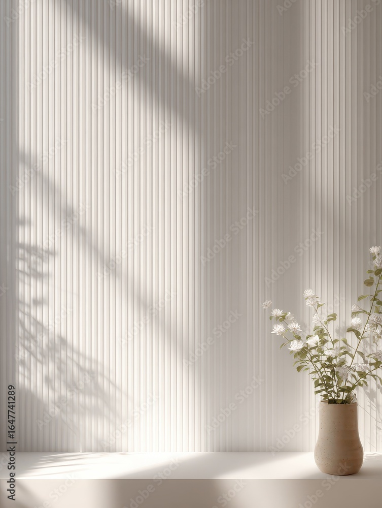 Aufkleber minimal white ribbed panel standing in soft light with leaf shadows on wall ideal modern background 