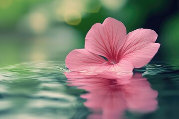 A delicate pink flower petal floats serenely on calm water, reflecting its beauty.