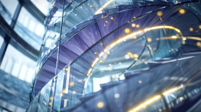 Glass spiral staircase ascending in futuristic building, lights in background, for architectural design