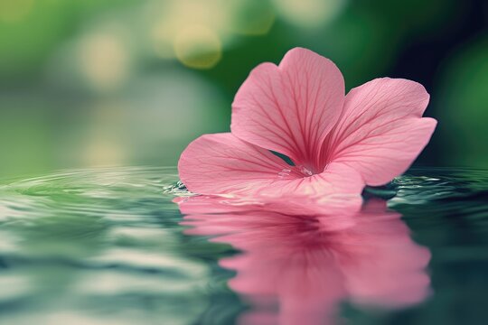 Fototapeta A delicate pink flower petal floats serenely on calm water, reflecting its beauty.
