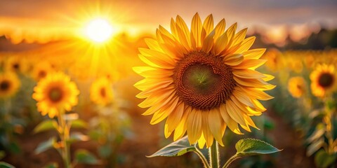 Fototapeta premium Golden Hour Sunflower in a Field of Blossoms Basking in the Warm Sunset Rays