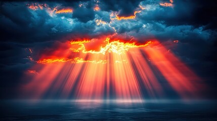 Fiery sunset rays piercing dark clouds over a still sea