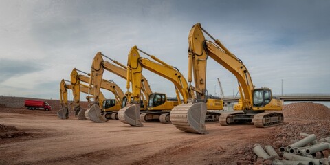 Line of excavators on site, a row of five yellow excavators is parked at a construction site, highlighting construction readiness, heavy machinery logistics, and fleet management.